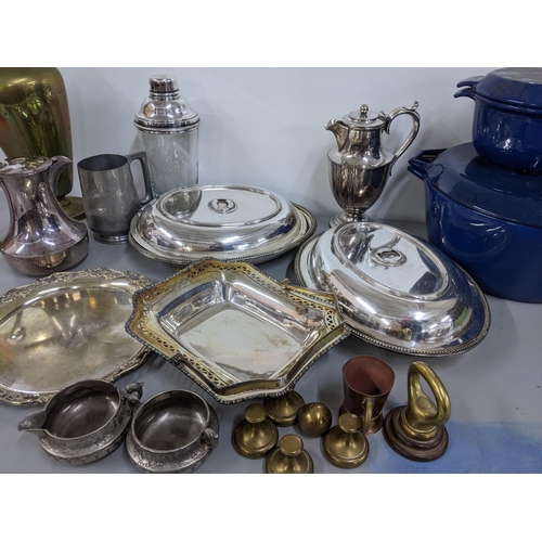 435 - A mixed lot to include silver plated tureens, cocktail shaker, table lamp, Decca Danish cooking pots... 