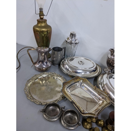 435 - A mixed lot to include silver plated tureens, cocktail shaker, table lamp, Decca Danish cooking pots... 