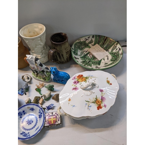 439 - A mixed lot to include an early 19th century armorial trinket box A/F, Indian vase, Staffordshire fl... 