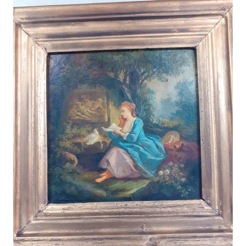 51 - An unsigned oil on board of a seated 19th century lady reading a letter, in a gold painted frame Loc... 