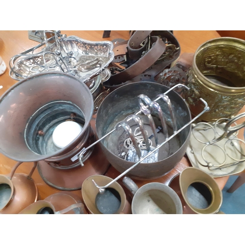 57 - Mixed 20th century copper, brass and silver plate to include an Indian brass planter and horse brass... 