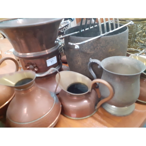 57 - Mixed 20th century copper, brass and silver plate to include an Indian brass planter and horse brass... 