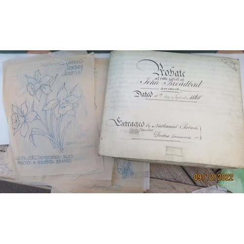 63 - A box of ephemera and photographs includes Victorian scrapbook, indentures, artwork, photographs, op... 