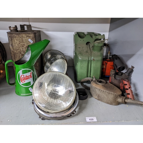 459 - Car related items to include four Lucas head lamps, a Shell petrol can, a Castral oil can and other ... 