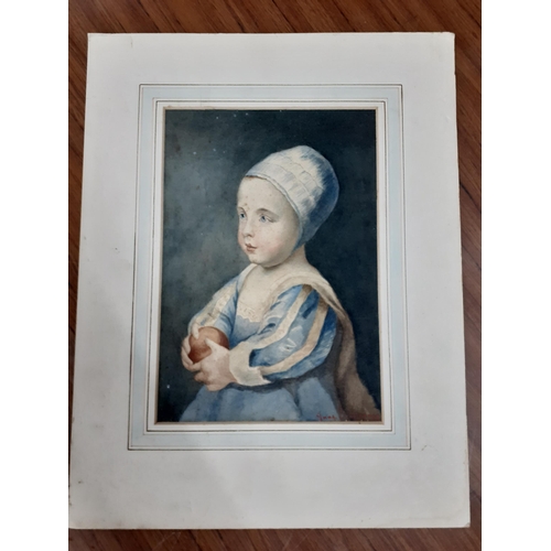 497 - Anne Bengivenge - Child's portrait, a watercolour, 18cm x 24cm, signed lower right hand corner, moun... 