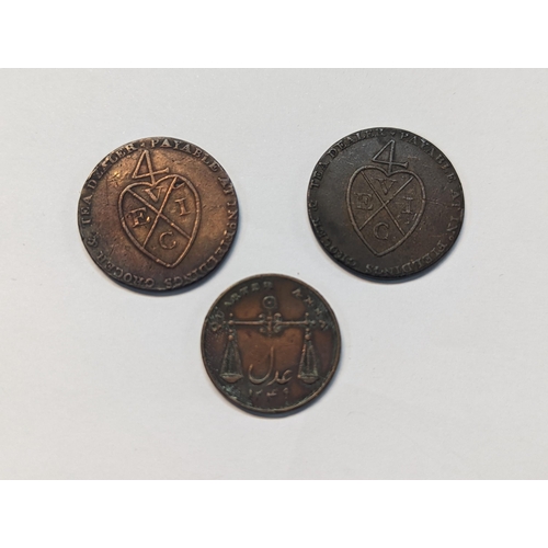 184 - East India Company - a group of three coins to include two 1793 Manchester Promissory halfpennies an... 