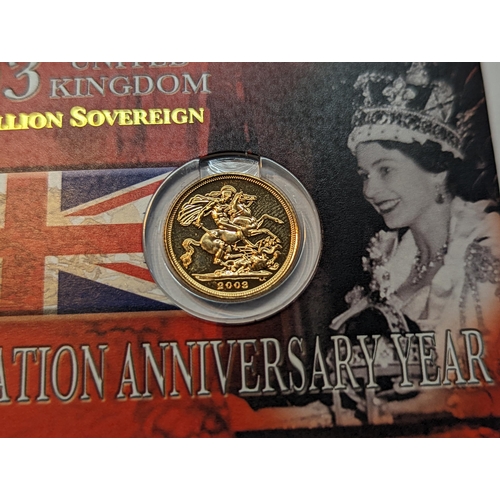 190 - Queen Elizabeth 1952-2022 - a full sovereign dated 2003, in a Royal Mint presentation card, Coronati... 