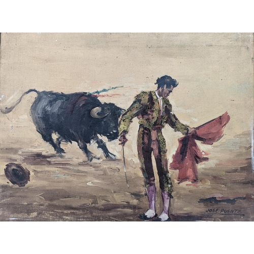 37 - The Spanish School, oil on canvas depicting Bull Fighters, one signed Jose Puente, bottom right and ... 