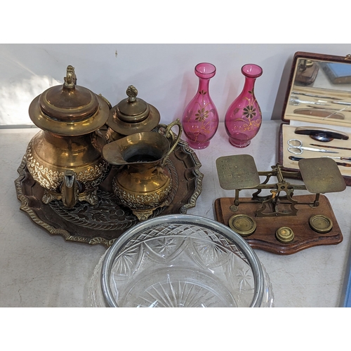 388 - A mixed lot to include a boxed manicure set A/F, brass tea set and tray, glassware bowl, vintage sca... 