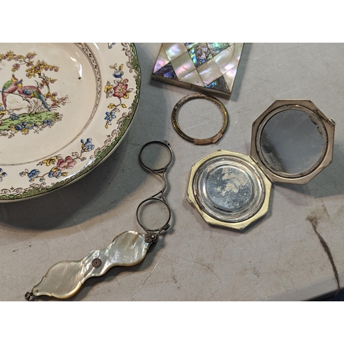 41 - Mixed collectables to include Spode china, a silver compact mother of pearl handled opera glasses, c... 