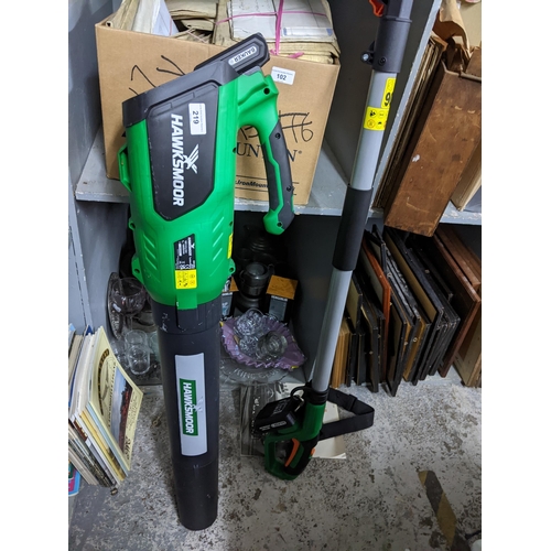 219 - A Hawksmoor rechargeable garden blower and a hedge trimmer, no chargers
Location: G