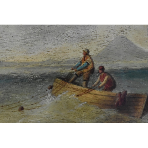 604 - 19th Century Scottish school- maritime scene with ships at sea and fishermen, signed lower left 'B.M... 