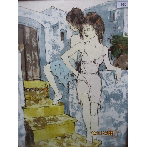 100 - Bernard Dufour 1922-2016 - two acrylic paintings of French girls on the steps before a town building... 