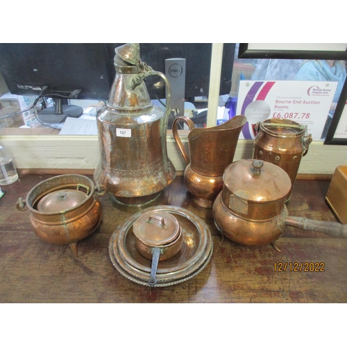 127 - Copper to include French examples, a milk churn, a jug stamped LG, pots and other items Location:G