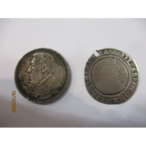 207 - An Elizabeth I 1570 silver hammered sixpence, and a South African 1894 one-shilling silver coin Loca... 