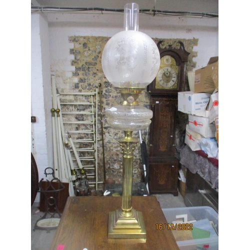 208 - A Victorian gilt brass Corinthian column Duplex oil lamp by Hinks, with cut glass reservoir, and etc... 