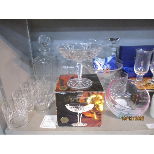 211 - A selection of mixed glassware, many boxed, to include decanters, Stuart Crystal, Dartington coffee ... 