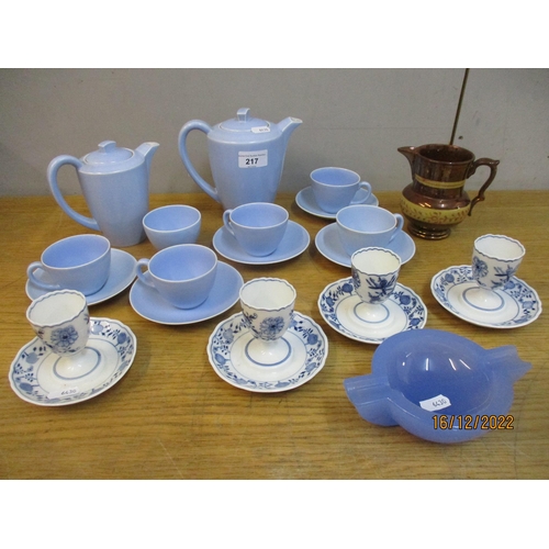 217 - Ceramics and glass to include four Meissen blue and white onion pattern egg cups, a Poole sky blue p... 