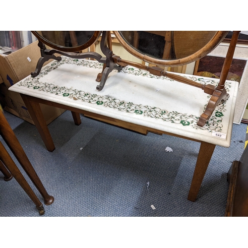 542 - A Vintage marble topped coffee table inset with semi precious stones, 45cm x 91.5cm w, together with... 