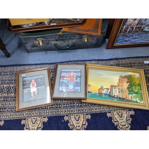 556 - Pictures to include a pair of harbour scene, oil on canvas, two coastal scenes watercolours and othe... 