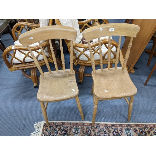 587 - A pair of early 20th century spindle back kitchen chairs and two bedroom chairs Location: A2M