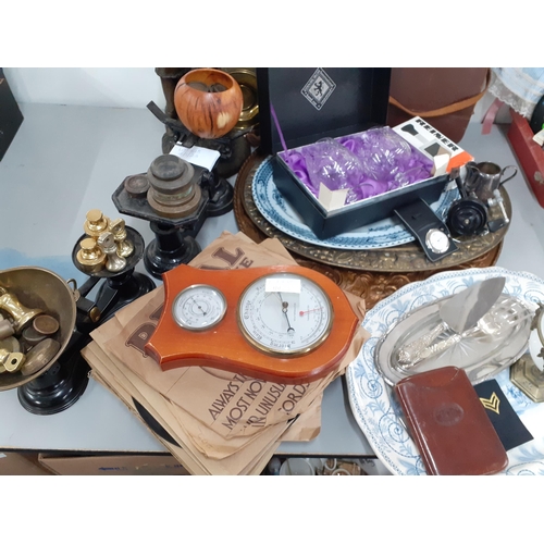 618 - A miscellaneous lot to include brass trays, a pair of Edinburgh crystal brandy balloons and collecta... 