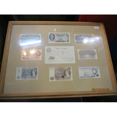 626 - A framed and glazed group of uncirculated £1, £5, £10 and 10 shilling bank notes to include a 1947 P... 