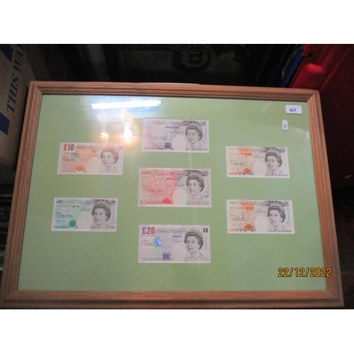 627 - A framed and glazed group of uncirculated £5, £10, £20 and £50 bank notes to include a Kentfield £50... 