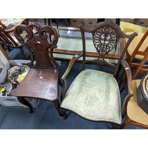 631 - Mixed chairs to include a Victorian mahogany hall chair, 1920's armchair, nursing chair and a Windso... 