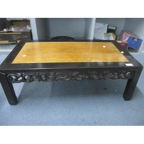 69 - A Chinese carved hardwood low table and a matching smaller table, the larger 28 x 79.5 x 44cm Locati... 