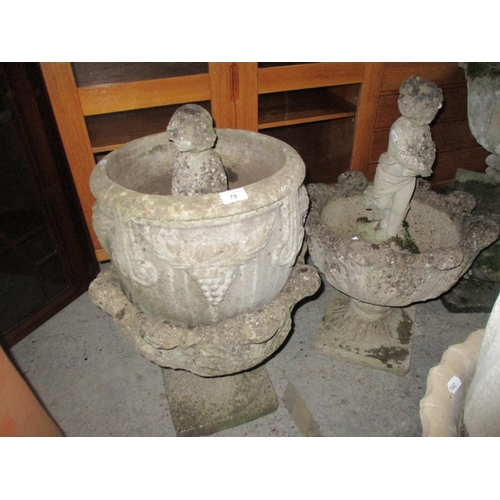 79 - A pair of weathered garden concrete planters on pedestal bases, one other pot and two garden concret... 