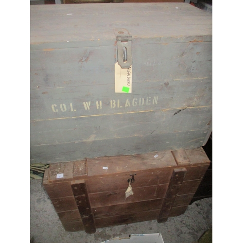 85 - Two vintage travelling chests, one in pine stamped with the name of a Royal Navy serviceman, the oth... 