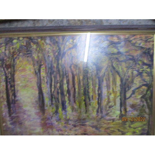 99 - Joan Golland - a group of six framed and glazed oil paintings depicting floral still life, wooded la... 