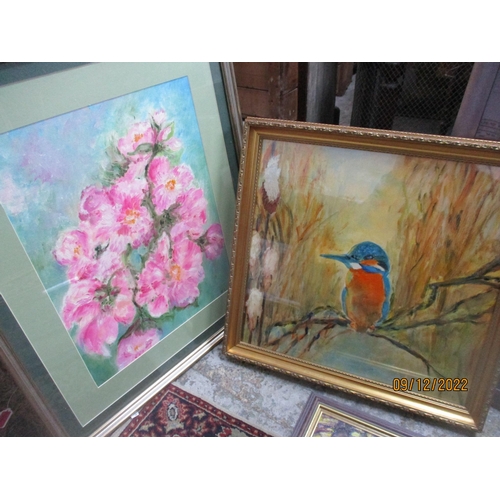 99 - Joan Golland - a group of six framed and glazed oil paintings depicting floral still life, wooded la... 