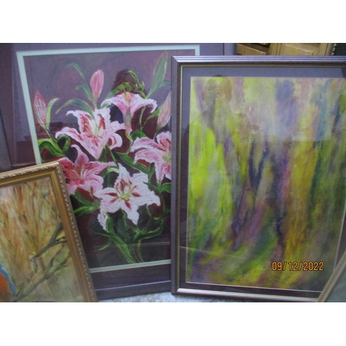 99 - Joan Golland - a group of six framed and glazed oil paintings depicting floral still life, wooded la... 