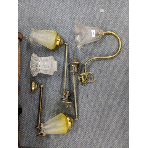 638 - A pair of brass gas lamps with glass shades and two similar (converted to electricity) Location: A1M