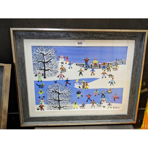 643 - Gordon Barker - a winter lake scene with ice skaters and sledges acrylic, signed framed and glazed
L... 