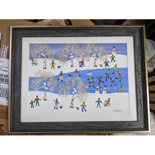 644 - Gordon Barker - a winter lake scene with trees, ice-skaters and dogs, acrylic, signed framed and gla... 