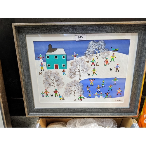 645 - Gordon Barker - a winter landscape with a house ice-skater and dogs, acrylic, signed framed and glaz... 