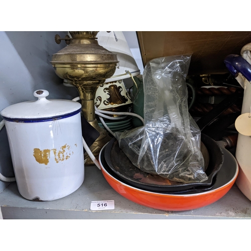 516 - A mixed lot to include an enamelled flour bin, a Caston frying pan, lamps, Denby and other items
Loc... 