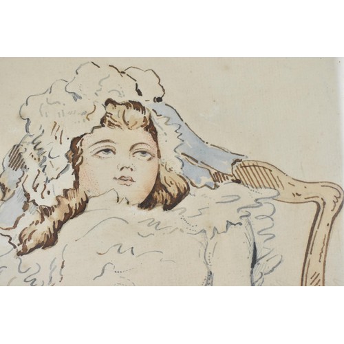 83 - 'Her Blue Eyes Sought the West Afar'. A Victorian ink and wash drawing on paper, signed indistinctly... 