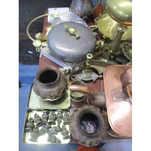 111 - A mixed lot of brassware to include scales mounted on a mahogany base, copper kettle, various weight... 