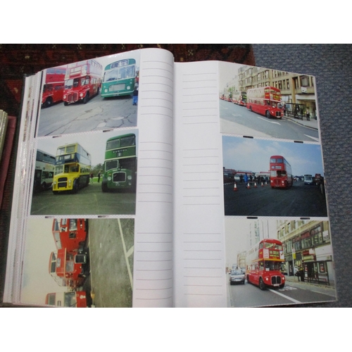 116 - Five albums containing photographs of London Buses, Trains, and Aircraft, postcards of the Royal Fam... 