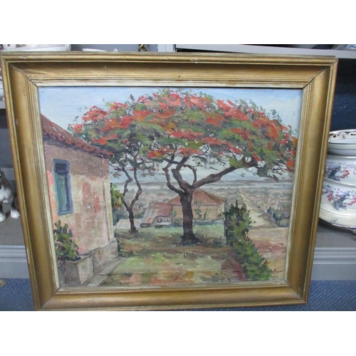 49 - Jose Maria de Almeida - Flamboyants - view of a tree by a cottage looking over a township, oil on ca... 