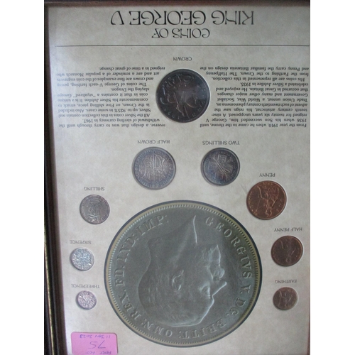 75 - A group of framed and glazed displays of British coins, banknotes, and stamps to include Ancient to ... 