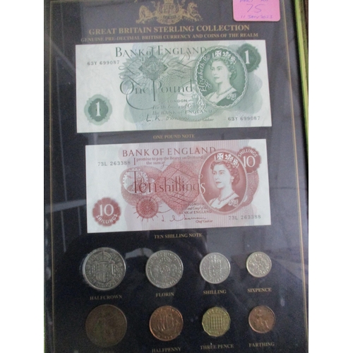 75 - A group of framed and glazed displays of British coins, banknotes, and stamps to include Ancient to ... 