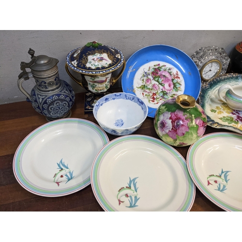 140 - A mixed lot to include a Sevres style bowl, Osler twin handled vase, Waterford crystal clock, Carton... 