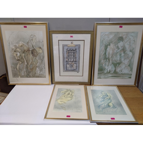 186 - Prints to include Kevin Blackham, an architectural scene, and four figural prints, signed indistinct... 