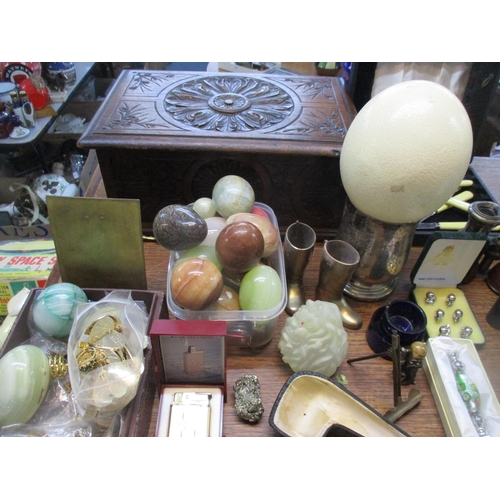 126 - A mixed lot to include a carved wooden work box, onyx and stone eggs, Georgian papiermache snuff box... 