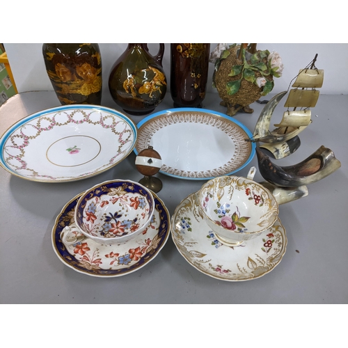 158 - A mixed lot to include Doulton jars, 19th century painted cups and saucers, horn ornaments and other... 